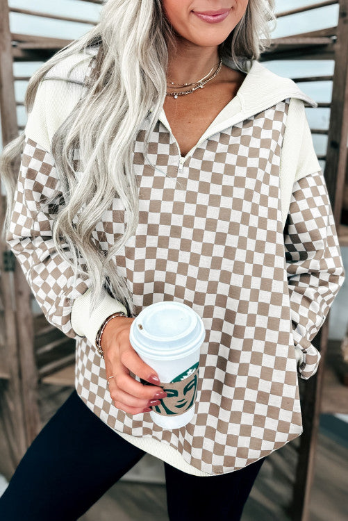 Checkered Print Quarter Zip Ribbed Patchwork Loose Sweatshirt
