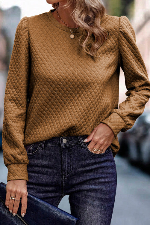 Quilted Puff Sleeve Pullover Sweatshirt