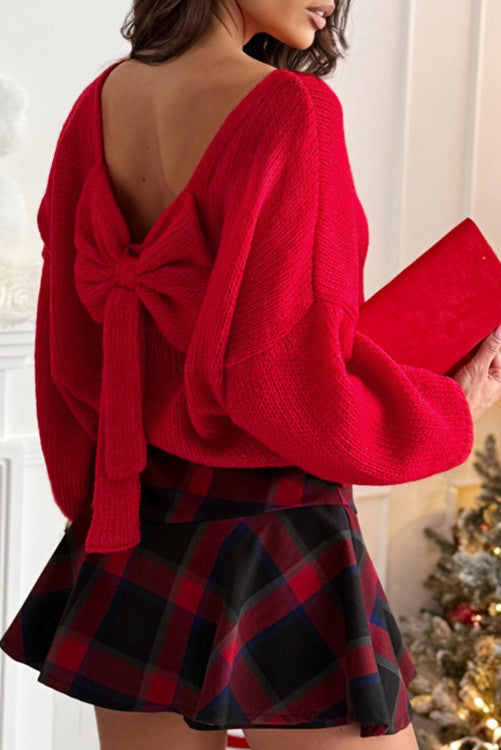 Festive Bow Back Bubble Sleeve Sweater