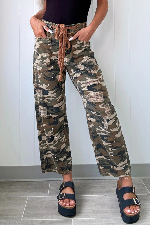 Camouflage Print Splashed Distressed Loose Denim Pants