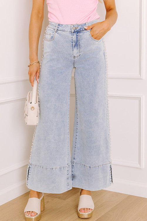 Mid Rise Pearl Embellished Split Wide Leg Jeans