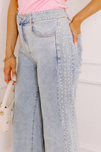 Load image into Gallery viewer, Mid Rise Pearl Embellished Split Wide Leg Jeans
