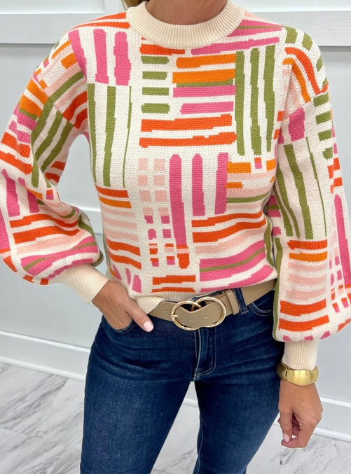 Love Lines Pattern Crew Neck Puff Sleeve Sweater