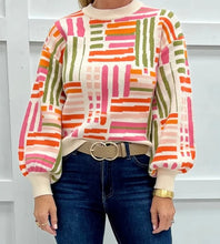 Load image into Gallery viewer, Love Lines Pattern Crew Neck Puff Sleeve Sweater
