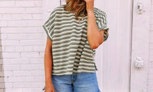 Load image into Gallery viewer, Stripe Textured Side Slits Crew Neck T Shirt
