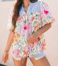 Load image into Gallery viewer, Floral Print Striped Yoke Frilled V Neck Puff Short Sleeve Blouse
