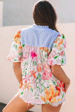 Load image into Gallery viewer, Floral Print Striped Yoke Frilled V Neck Puff Short Sleeve Blouse
