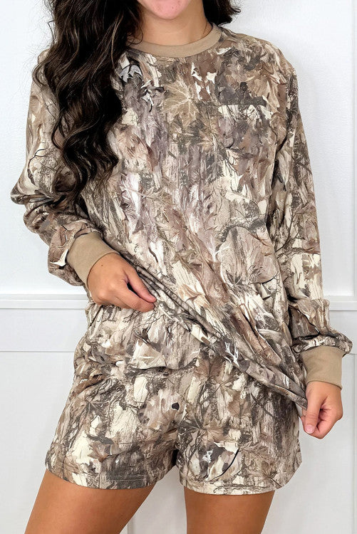 Woodland Camo Print Long Sleeve Top Casual Short Set