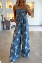 Load image into Gallery viewer, Star Print Buttoned Strap Pleat Wide Leg Denim Overall
