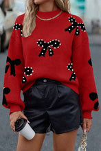 Load image into Gallery viewer, Pearl Embellished Bow Pattern Loose Sweater
