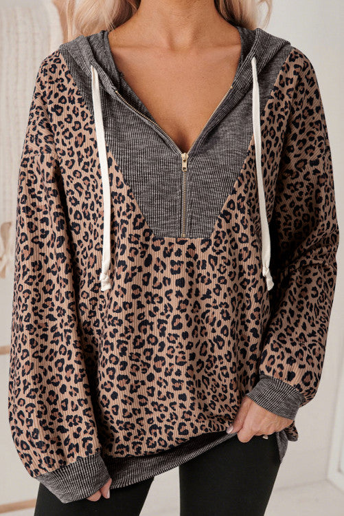 Ribbed Leopard Print Contrast Collar Zip Hooded Pullover Sweatshirt