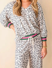 Load image into Gallery viewer, V Neck Leopard Long Sleeve Top Striped Webbing Patchwork Drawstring Pant Set
