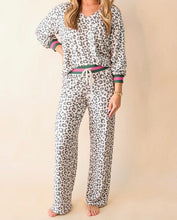 Load image into Gallery viewer, V Neck Leopard Long Sleeve Top Striped Webbing Patchwork Drawstring Pant Set
