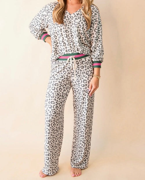 V Neck Leopard Long Sleeve Top Striped Webbing Patchwork Drawstring Pant Set
