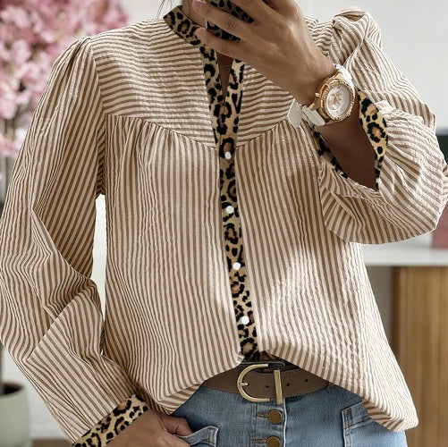 Stripe Leopard Patchwork Long Sleeve Shirt