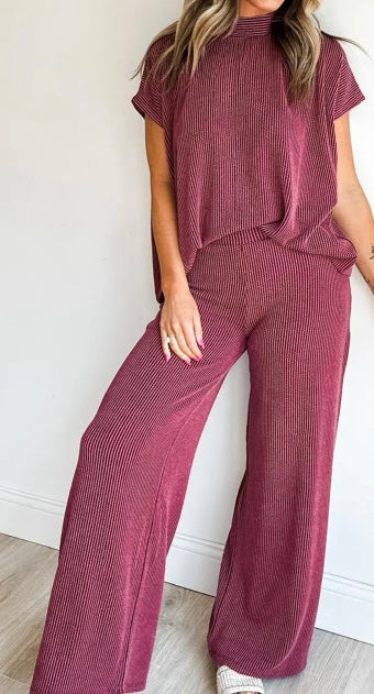 Twisted Ribbed High Neck Loose Tee Elastic High Waist Loose Pant Set
