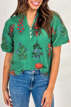 Load image into Gallery viewer, Green Floral Print Buttoned V Neck Short Sleeve Blouse

