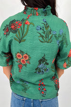 Load image into Gallery viewer, Green Floral Print Buttoned V Neck Short Sleeve Blouse
