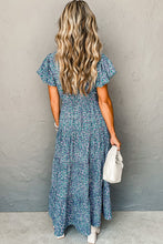 Load image into Gallery viewer, Printed V Neck Shirred Short Puff Sleeve Maxi Dress
