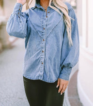 Load image into Gallery viewer, V-shape Stitching Puff Sleeve Denim Shirt
