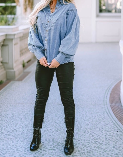 V-shape Stitching Puff Sleeve Denim Shirt