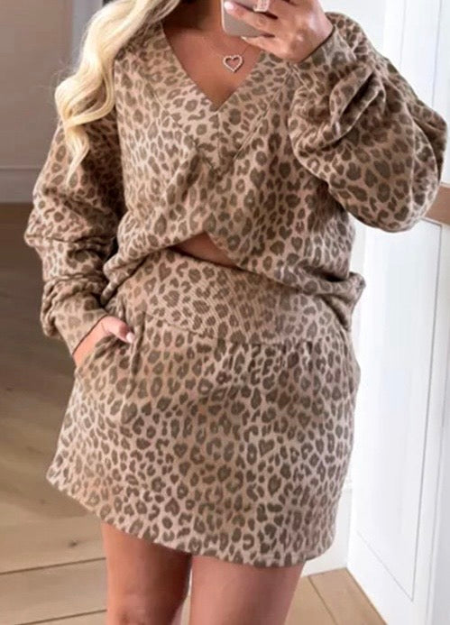 Leopard Print V Neck Pullover Mini Skirt 2pcs Set