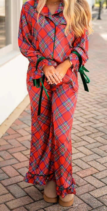 Plaid Satin Pajama Set with Contrast Velvet Ties