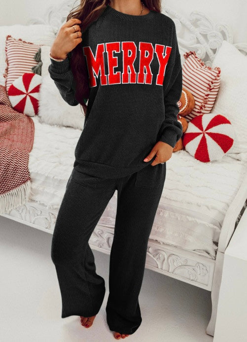 MERRY Letter Graphic Twisted Ribbed 2pcs Pant Set