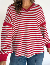 Load image into Gallery viewer, Stripe Exposed Seam V Neck Balloon Sleeve Pullover

