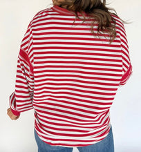 Load image into Gallery viewer, Stripe Exposed Seam V Neck Balloon Sleeve Pullover
