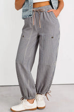 Load image into Gallery viewer, Stripe Button Patch Pocket Drawstring Elastic Waist Loose Pants
