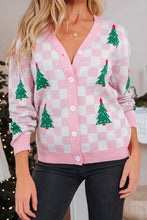 Load image into Gallery viewer, Checkered Christmas Tree Pattern Button V Neck Cardigan Sweater
