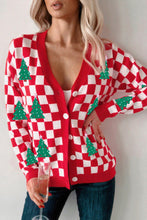 Load image into Gallery viewer, Checkered Christmas Tree Pattern Button V Neck Cardigan Sweater
