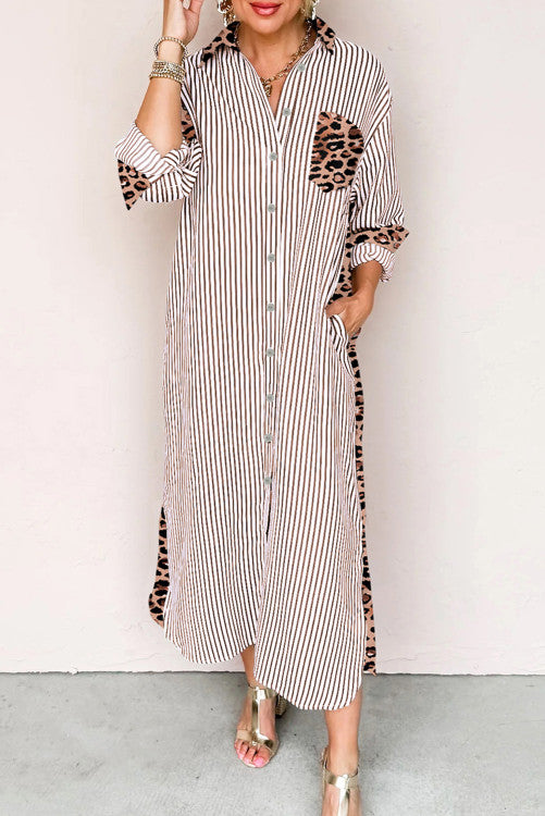 Stripe Contrast Leopard Patchwork Long Shirt Dress with Slits