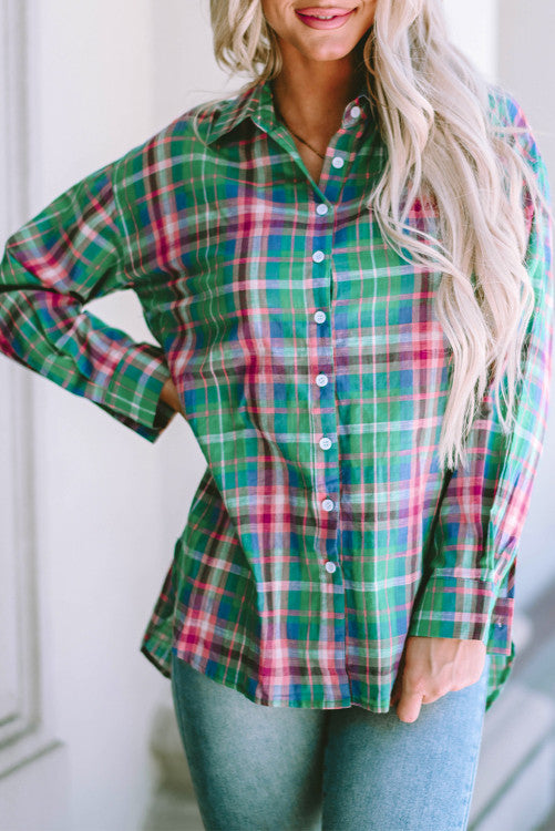 Plaid Long Sleeve Button Down Split Shirt