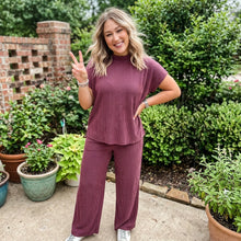 Load image into Gallery viewer, Twisted Ribbed High Neck Loose Tee Elastic High Waist Loose Pant Set
