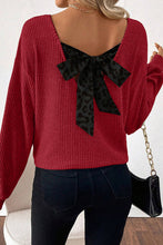 Load image into Gallery viewer, Ribbed V Neck Contrast Ribbon Bow Back Drop Shoulder Long Sleeve Top
