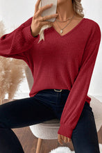 Load image into Gallery viewer, Ribbed V Neck Contrast Ribbon Bow Back Drop Shoulder Long Sleeve Top
