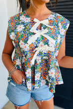 Load image into Gallery viewer, Floral Print Bow Applique Slit Sleeveless Peplum Blouse
