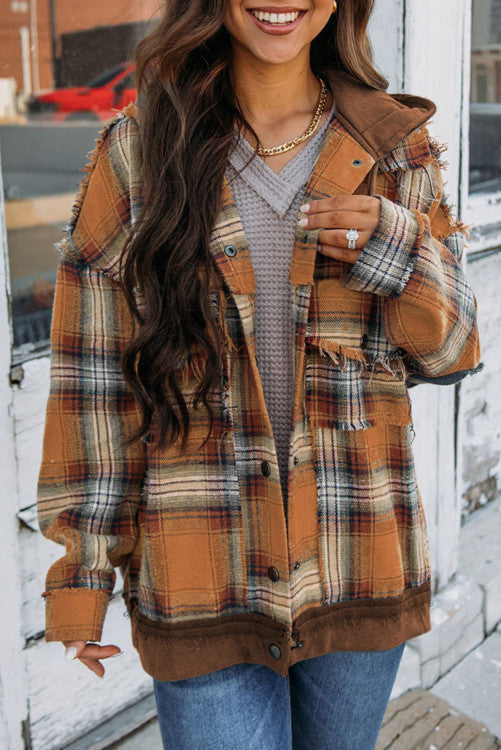 Plaid Patch Hooded Frayed Snap Button Jacket