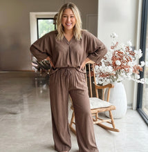 Load image into Gallery viewer, Brown Braided Satin V Neck Long Sleeve Loose Top and Drawstring High Waist Pants 2pcs Outfit
