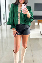 Load image into Gallery viewer, Puffy Flounce Sleeve Leopard Trim V Neck Blouse
