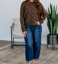 Load image into Gallery viewer, Coffee Dotted Print Ribbed Edge Knit Sweater
