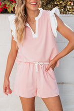 Load image into Gallery viewer, Contrast Trim Ruffled Top and Drawstring Shorts Set
