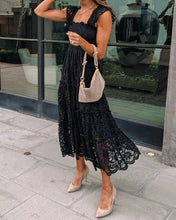 Load image into Gallery viewer, Black Lace Smocked Bodice Sleeveless Midi Dress
