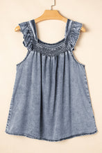 Load image into Gallery viewer, Ruffled Shirred Neckline Sleeveless Denim Tank Top
