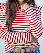 Load image into Gallery viewer, Red Stripe Round Neck Ruffle Trim Long Sleeve Top
