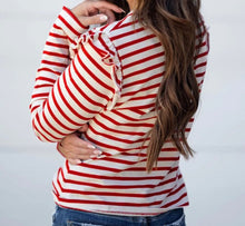Load image into Gallery viewer, Red Stripe Round Neck Ruffle Trim Long Sleeve Top
