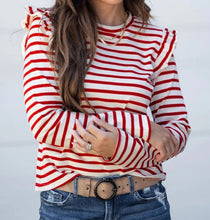 Load image into Gallery viewer, Red Stripe Round Neck Ruffle Trim Long Sleeve Top
