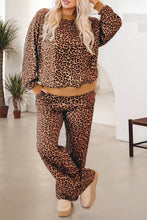 Load image into Gallery viewer, Leopard Print Contrast Trim Long Sleeve Top and Pants Set
